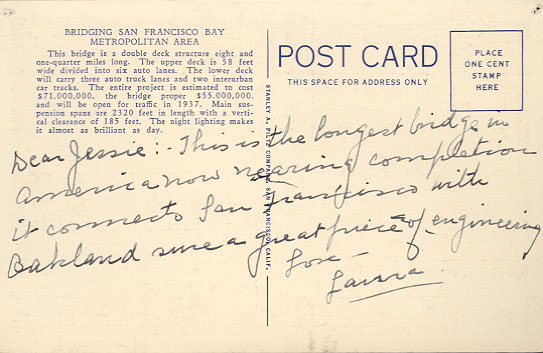 E. A. Burbank Timeline Image - Bay Bridge Postcard reverse